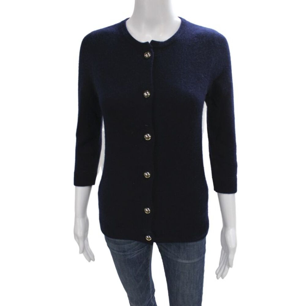Cortland Park Women Cardigan 100% Cashmere Blue Crew Neck 3/4 Sleeve Size XS